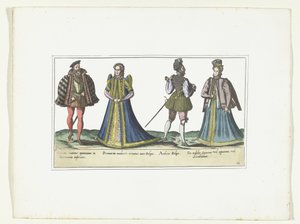 Két nő és két férfi a divat szerint öltözve Észak-Rajna-Vesztfáliában és Flandriában, 1580 körül Bas-Allemands et Flamands jelmezek (cím a tárgyon) alkotó: Anonymous