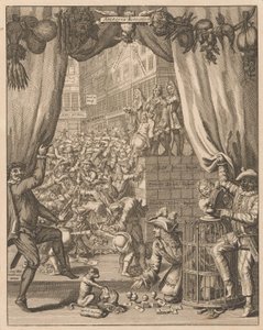 A tányér magyarázata Harlequin Actionist, 1720 Arlequyn Actionist (cím a tárgyon) A Tytelplaat magyarázata az Arlequyn Actionist számára (cím az objektumon) A bolondság nagy jelenete (sorozat címe) alkotó: Anonymous