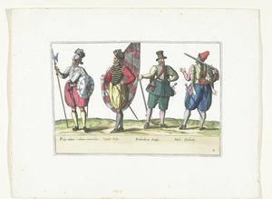 Négy katona egyenruhában a hollandiai és angliai divat szerint, 1580 körül Katonai des Pays-Bas jelmezek (cím a tárgyon) alkotó: Anonymous