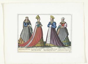 Négy német divat szerint öltözött nő Nürnbergben, 1580 körül Jelmezek (cím a tárgyon) alkotó: Anonymous
