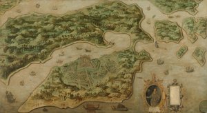 Kilátás Ambonra Ambon madártávlatból Frederik Houtman (1571-1627) portréjával egy kartonban alkotó: Anonymous