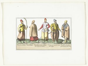 Öt hollandiai és bretagne-i divat szerint öltözött tengerész, 1580 körül Maris jelmezek (cím a tárgyon) alkotó: Anonymous
