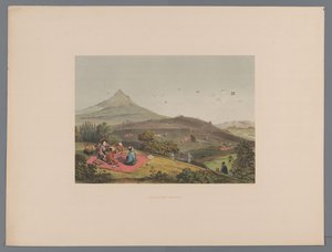 Sárkányok harca egy japán dombos tájon Lutte de cerf ugrál (cím a tárgyon) Souvenir du Japon vues d