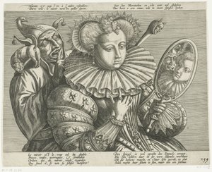 Nő tükörrel és bolonddal: rajzfilm az értékes merev fodron, kb. 1600 alkotó: Anonymous
