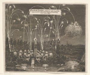 Tűzijáték Pleißenburg mellett, 1667. július 8 Churfürstl: Sachsisches gehaltenes und an gezentes Kevesebb werck zu nachts beij az erőd Pleissenburg, 1667. július 8. (cím a tárgyon) alkotó: Anonymous