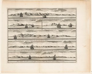 Hat kilátás a szigetekre Így mutatja meg Nova Guinea partvidékét Cabo Santo Maria és Anthony Caens Eylandt között, ahogy ott langhs Zeylt / Így mutatja Anthony Caens Eylant, mint az észak a tiéd / így Gerrit de Nys mutatja Eylandt az É-i alkotó: Anonymous