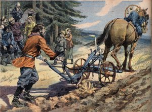 Egy orosz paraszt, aki egy ekével szántja a mezőt, amelyre gyertyát helyeznek. Conte de Easter Metszet a „” Le Petro Parisien” újságból”, 1908.04.19. Magángyűjtemény. alkotó: Anonymous Anonymous