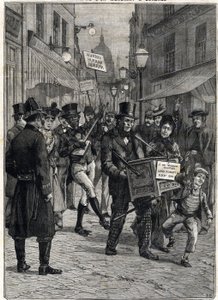 A Viscount Hinton nevű koldus, barbár orgonajátékos London utcáin, apja Lord Poulett halála után lett milliomos, aki bérbe adta neki a vagyonát. Metszés. A „Le Petite Parisien” című kötetben, 1899.12.02. Magángyűjtemény. alkotó: Anonymous Anonymous