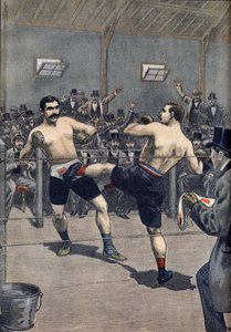 Egy boksztámadás: a francia bajnok Joseph Charlemont (1839-1918) győzelme Jerry Driscoll ellen a „megmentés” technikájával” a Le Petit Journal 1899-ben.