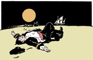 A kalózok által megölt kapitányt elhagyják egy szigeten, a kalózhajó eltávolodik a láthatáron Illusztráció a „The Boys Books of Pirates” 1913-ból alkotó: Anonymous Anonymous