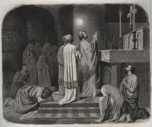 Tűzgömb jelenik meg SAINT MARTIN eveque de Tours (316-397) felett, miközben dolgozik. Metszet 1846-ból a „Szentek élete” c. Magángyűjtemény. alkotó: Anonymous Anonymous