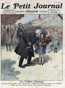 Egy kislány trikolor színű csokrot ajánl Alexandre Millerand köztársasági elnöknek Rhone-i kitelepítése során. Az 1921.03.27-i „” Le petit Journal”” illusztrációja. Magángyűjtemény alkotó: Anonymous Anonymous