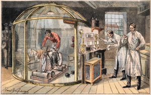 Ember a harangban: angol tudósok tapasztalata az emberi energia felhasználásáról. Metszet a „” Le Peute Parisien” újságból”, 1908.05.24. Magángyűjtemény. alkotó: Anonymous Anonymous