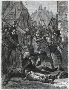 Jelenet a francia forradalom időszakában: Theobald de Dillont (1745-1792) és egy Berthois nevű dzsinntisztet lemészároltak a katonák és Lille lakossága, akik hazaárulással vádolták őket. Metszet 1866-ból a „Histoire de la Revolution fr alkotó: Anonymous Anonymous
