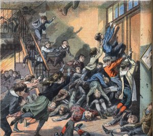Leégett egy iskola Clevelandben (Egyesült Államok). Metszet a „Le Petite Parisien” újságból, 1908.03.22. Magángyűjtemény. alkotó: Anonymous Anonymous