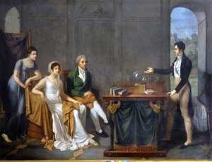 Egy tudós (valószínűleg Alessandro (Alexandre) Volta), aki tudományos kísérletet végez a Melzi Deril család előtt. Névtelen festmény. . alkotó: Anonymous Anonymous