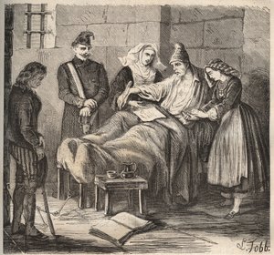 Egy esküvő a Rochefort bagnéban a 19. században. Pierre Zaccone (1817-1895) (Colonia Penale - Büntetőtelep) metszet az „Elítéltek története a megalkotásuktól napjainkig” (1877). Magángyűjtemény. alkotó: Anonymous Anonymous