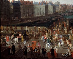 Tevékenységek és átjáró a Pont Neuf-on Párizsban Névtelen festmény a 17. századról. Párizs, Musee d