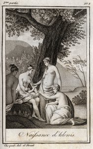 Adonis megszületett. Metszet 1819-ből Charles Albert Demoustier (1760-1801) „Lettres a Emilie sur la mythologie” című művében. Magángyűjtemény. alkotó: Anonymous Anonymous