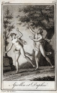 Apollo és Daphne. Daphne nimfa babérré változik, hogy megmeneküljön Apollótól. Metszet 1819-ből Charles Albert Demoustier (1760-1801) „Lettres a Emilie sur la mythologie” című művében. Magángyűjtemény. alkotó: Anonymous Anonymous