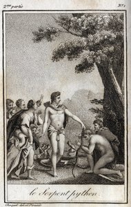 Apollo és a Python kígyó a Parnasszuszon. Metszet 1819-ből Charles Albert Demoustier (1760-1801) „Lettres a Emilie sur la mythologie” című művében. Magángyűjtemény. alkotó: Anonymous Anonymous