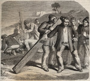 Szökési kísérlet a Belle-Ile-en-Mer erődnél (gyönyörű tengeri sziget) a 19. században. Pierre Zaccone (1817-1895) (Colonia Penale - Büntetőtelep) metszet az „Elítéltek története a megalkotásuktól napjainkig” című könyvébe (1877). Magángyűjtemény. alkotó: Anonymous Anonymous