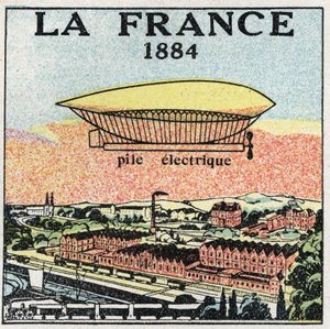 Léggömbök: a „La France” léghajó 1884-ben, a francia Renard és Krebs által feltalált elektromos akkumulátorral. Névtelen illusztráció 1925-ből. Magángyűjtemény. alkotó: Anonymous Anonymous