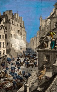 Csata a Rue Saint Antoine barikádjánál 1830-ban, metszet, magángyűjtemény alkotó: Anonymous Anonymous