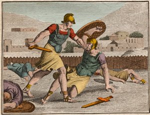 Horatius és Curiaces csata – Horatii és Curiatii csata – Metszet a „” The Rollin of Youth vagy az ókori és római történetek válogatott darabjaiból” című könyvből” 1816 – Magángyűjtemény alkotó: Anonymous Anonymous