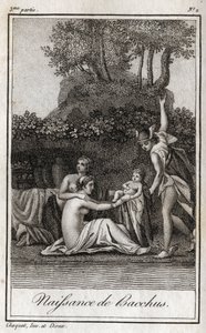 Megszületett Bacchus, Jupiter és Semele fia. Metszet 1819-ből Charles Albert Demoustier (1760-1801) „Lettres a Emilie sur la mythologie” című művében. Magángyűjtemény. alkotó: Anonymous Anonymous