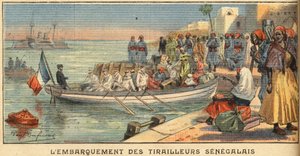 Szenegáli lovasok beszállása feleségükkel. Metszet a „Le Petite Parisien” újságból, 1908.03.22. Magángyűjtemény. alkotó: Anonymous Anonymous