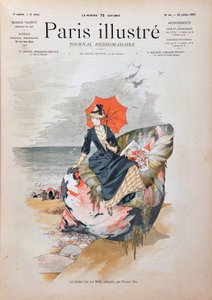 A tenger mellett, Habert Dys allegóriája. Elegáns nő egy hatalmas kagylón ülő esernyővel pózol a tengerpart homokján. Metszet 1887-ből a „” Paris-Illustrous folyóirat hetilapjában”. alkotó: Anonymous Anonymous
