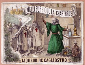 Cagliostro likőr aromás fűszernövények szerzetesek általi lepárlásával. századi kromolitográfia. alkotó: Anonymous Anonymous