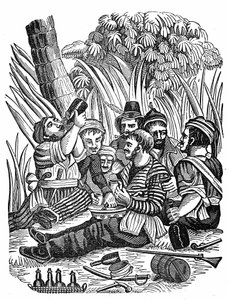 Bartholomew Roberts kapitány legénysége az Old Calabar folyó közelében pihen, 17. század végén. Metszet: „A kalóz saját könyve” 1837. alkotó: Anonymous Anonymous
