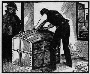 Eyraud-Bompard-ügy (Eyraud Bompard) avagy a véres csomagtartó esete: felfedezte azt a csomagtartót, amellyel a Michel Eyraud és Gabrielle Bompard pár által 1888-ban Párizsban meggyilkolt Gouffe végrehajtó holttestét rejtették el. Az illusztráció a „” Le pe alkotó: Anonymous Anonymous