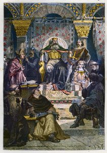 Nagy Károly (742 - 814) a trónján a Palotaakadémia felett - Nagy Károly (747-814) a frankok királya és a Nyugat keresztény császára az aacheni (Aachen) Palotaiskola elnökletében - metszet "" L
