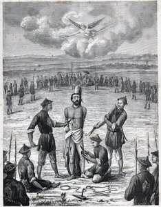 Keresztényüldözés: Joseph Marchand francia misszionárius pap 1835. november 30-án Cochinchinában szenvedte el a „száz seb kínját”. Louis-Eugene (Louis Eugene) Louvet „Les Missions Catholiques au XIXeme Siecle” című metszetébe. magántárs alkotó: Anonymous Anonymous