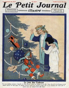 Karácsonyi mulatság: a gyerekek ajándékokat fedeznek fel a karácsonyfa tövében. Az 1921.12.25-i „” Le petit Journal” című gyűjteményi illusztráció. alkotó: Anonymous Anonymous