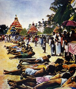 Polgári engedetlenség hete Indiában a Brit Birodalom ellen: Mohandas Karamchand Gandhi (1869-1948) politikai vezető 1931-ben Jalaipurban tartott demonstrációja. Illusztráció a „” Il mattino illustrato” 1931-ből alkotó: Anonymous Anonymous