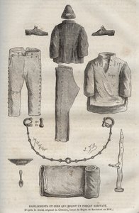 A bagne de Rochefortba érkezett haderő által a 19. században kapott ruhák és vasalók (Clemans eredeti rajzából, forcat du bagne 1840-ben). Pierre Zaccone (18) metszete „Az elítéltek története születésüktől napjainkig” (1877) alkotó: Anonymous Anonymous