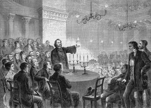 Johannes (Jean) Ronge reformátor (1813-1887) konferenciája Bécsben 1868-ban. Megalapította az Egyetemes Keresztény Egyházat. metszet 1868. Magángyűjtemény. alkotó: Anonymous Anonymous