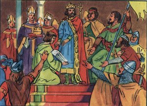 Hugues Capet (941-996) megkoronázása Noyonban 987-ben, Adalberon (kb. 925-990), reimsi archívum. Ezzel a koronázással kezdetét vette a Capetians dinasztia, Franciaország királyai, akik 8 évre visszanyerték közvetve vagy közvetlenül. Névtelen illust alkotó: Anonymous Anonymous