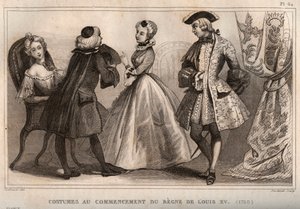 Jelmezek XV. Lajos uralkodásának kezdetén (1720). Metszet 1859-ből a „” Le Monde-ban. Minden nép története a legtávolabbi időktől napjainkig”. M. E. de Lostalot-Bachoue (Lostalot Bachoue). Magángyűjtemény. alkotó: Anonymous Anonymous