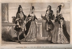 Jelmezek XIV. Lajos király uralkodásának vége felé (1710). Metszet 1859-ből a „” Le Monde-ban. Minden nép története a legtávolabbi időktől napjainkig”. M. E. de Lostalot-Bachoue (Lostalot Bachoue). Magángyűjtemény. alkotó: Anonymous Anonymous