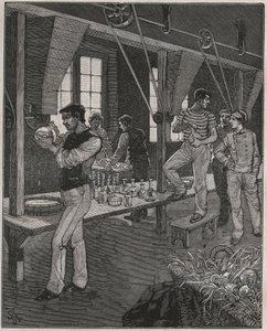Kristálymetsző műhely Franciaországban a 19. században. Metszet 1885-ből Adolphe BITARD „” Les arts et metiers illustres” című könyvébe. alkotó: Anonymous Anonymous