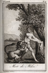 Milon de Crotone (Milo of Croton) halálát egy farkas felfalja. Metszet 1819-ből Charles Albert Demoustier (1760-1801) „Lettres a Emilie sur la mythologie” című művében. Magángyűjtemény. alkotó: Anonymous Anonymous