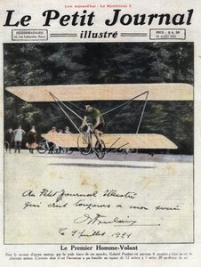 A francia feltaláló és kerékpáros, Gabriel Poulain dedikált portréja az „aviette” fedélzetén, egy olyan biciklin, amelyen kétsíkú szárnyak voltak felszerelve, amivel motor nélkül néhány métert repülhetett. Az 1921.07.24-i „” Le petit Journal illustrious””  alkotó: Anonymous Anonymous