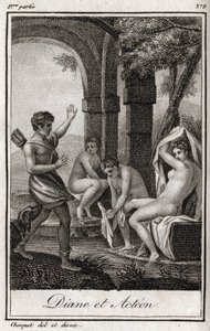 Diane és Acteon (Diana és Actaeon) Diane-t meglepte a fürdőben a vadász, Acteon. Metszet 1819-ből Charles Albert Demoustier (1760-1801) „Lettres a Emilie sur la mythologie” című művében. Magángyűjtemény. alkotó: Anonymous Anonymous