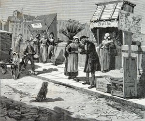 Kutyavágók a párizsi híd kilencesén 1796 körül, Metszet, Magángyűjtemény alkotó: Anonymous Anonymous