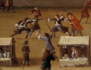 Párbajjelenet a párizsi Pont Neuf-nál a 17. században Részlet. Névtelen festmény. Párizs, Musee Carnavalet alkotó: Anonymous Anonymous